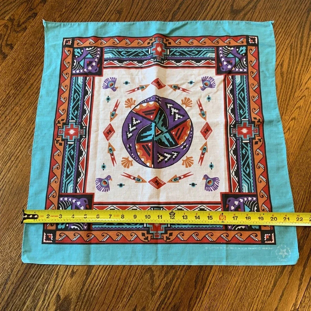 Vtg Wamcraft Bandana Southwest Aztec Teal Purple Black‎ Rare Print Made In USA